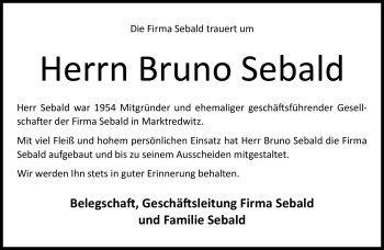 Traueranzeige von Bruno Sebald von Frankenpost