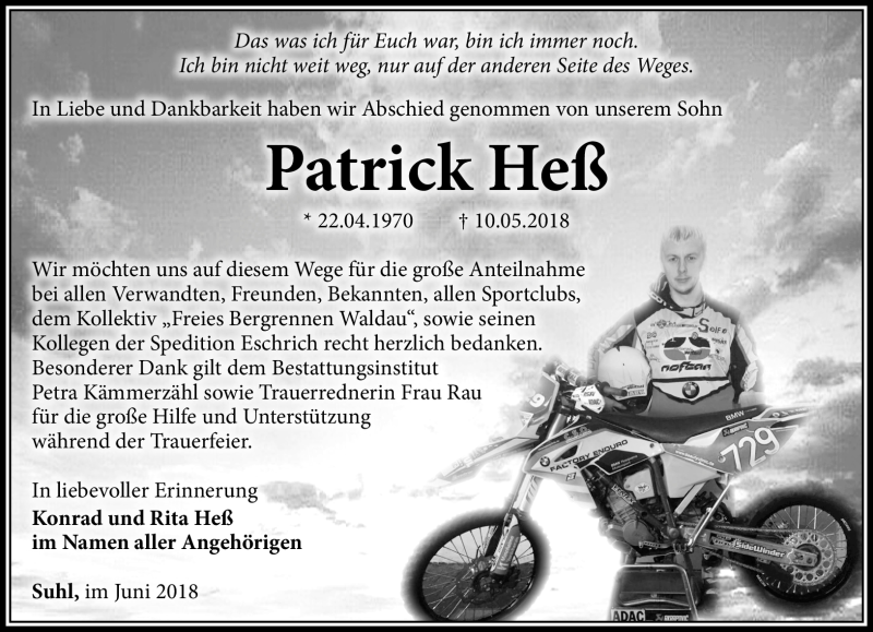  Traueranzeige für Patrick Heß vom 16.06.2018 aus Südthüringer Presse
