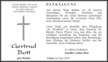 Traueranzeige von Gertrud Bott von Südthüringer Presse