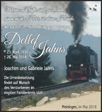 Traueranzeige von Detlef Jahns von Südthüringer Presse
