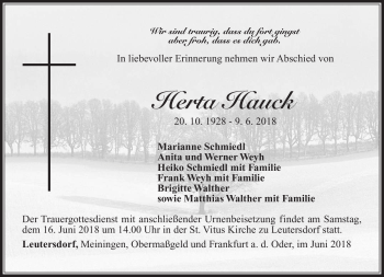 Traueranzeige von Herta Hauck von Südthüringer Presse