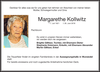 Traueranzeige von Margarethe Kollwitz von Frankenpost