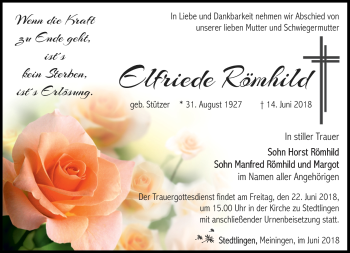 Traueranzeige von Elfriede Römhild von Südthüringer Presse