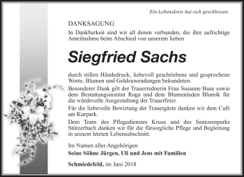 Traueranzeige von Siegfried Sachs von Südthüringer Presse