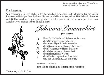 Traueranzeige von Johanna Lämmerhirt von Südthüringer Presse