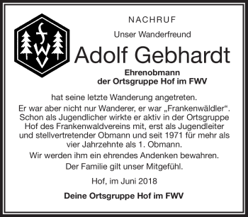 Traueranzeige von Adolf Gebhardt von Frankenpost