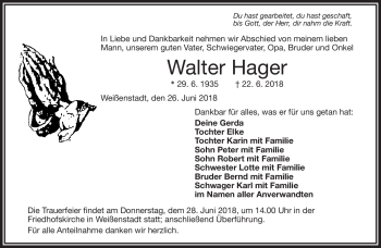 Traueranzeige von Walter Hager von Frankenpost