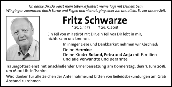 Traueranzeige von Fritz Schwarze von Neue Presse Coburg