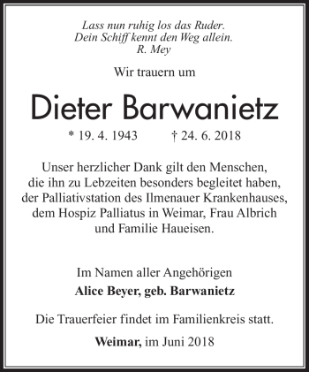 Traueranzeige von Dieter Barwanietz von Südthüringer Presse