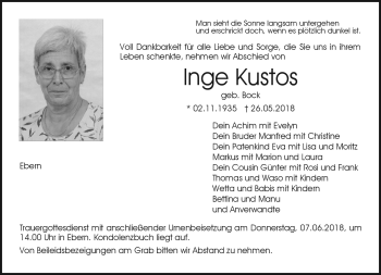 Traueranzeige von Inge Kustos von Neue Presse Coburg