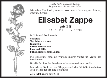 Traueranzeige von Elisabet Zappe von Südthüringer Presse