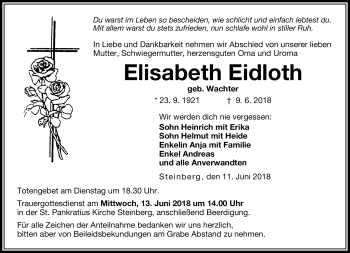 Traueranzeige von Elisabeth Eidloth von Neue Presse Coburg