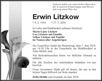 Traueranzeige von Erwin Litzkow von Südthüringer Presse