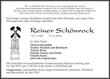 Traueranzeige von Reiner Schönrock von Südthüringer Presse