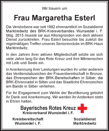 Traueranzeige von Margaretha Esterl von Frankenpost