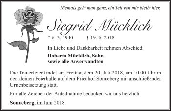 Traueranzeige von Siegrid Mücklich von Südthüringer Presse