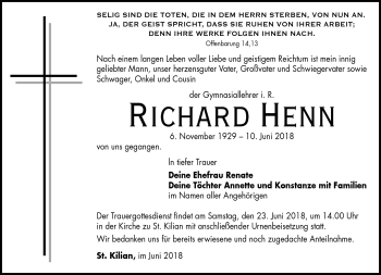 Traueranzeige von Richard Henn von Südthüringer Presse