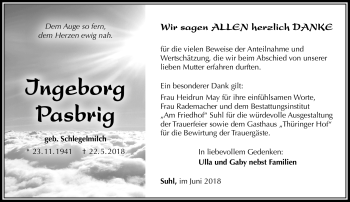 Traueranzeige von Ingeborg Pasbrig von Südthüringer Presse