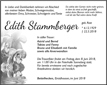 Traueranzeige von Edith Stammberger von Südthüringer Presse