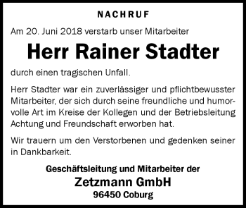 Traueranzeige von Rainer Stadter von Neue Presse Coburg