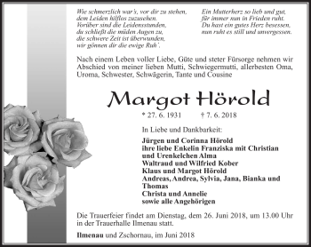 Traueranzeige von Margot Hörold von Südthüringer Presse