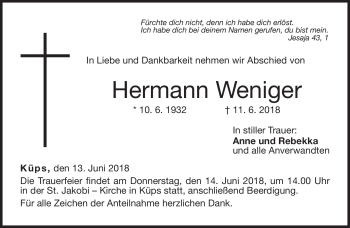 Traueranzeige von Hermann Weniger von Neue Presse Coburg
