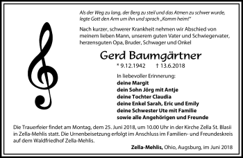 Traueranzeige von Gerd Baumgärtner von Südthüringer Presse