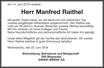 Traueranzeige von Manfred Raithel von Frankenpost