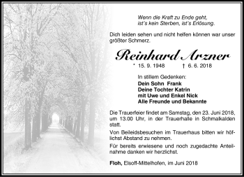 Traueranzeige von Reinhard Arzner von Südthüringer Presse