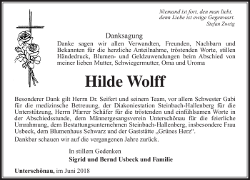 Traueranzeige von Hilde Wolff von Südthüringer Presse