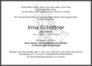 Traueranzeige von Irma Schöttner von Frankenpost