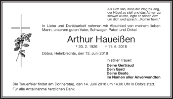 Traueranzeige von Arthur Haueißen von Frankenpost