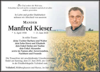 Traueranzeige von Manfred Kieser von Südthüringer Presse