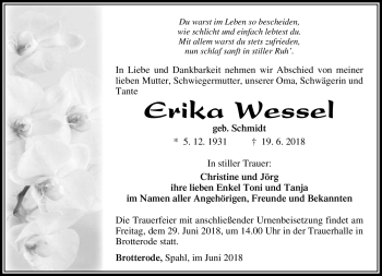 Traueranzeige von Erika Wessel von Südthüringer Presse