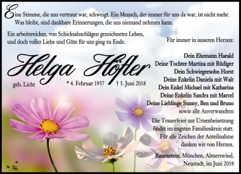 Traueranzeige von Helga Höfler von Südthüringer Presse