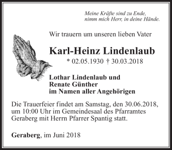 Traueranzeige von Karl-Heinz Lindenlaub von Südthüringer Presse