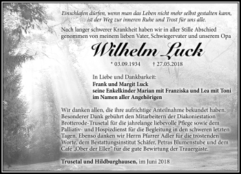 Traueranzeige von Wilhelm Luck von Südthüringer Presse