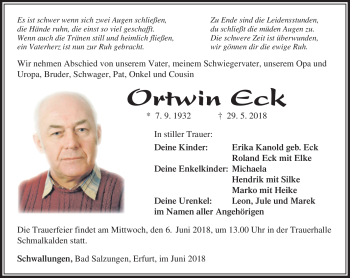 Traueranzeige von Ortwin Eck von Südthüringer Presse