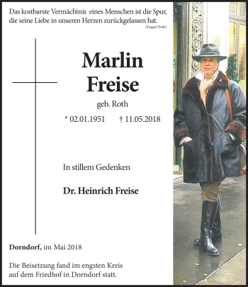 Traueranzeige von Marlin Freise von Südthüringer Presse