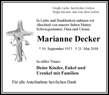Traueranzeige von Marianne Decker von Frankenpost