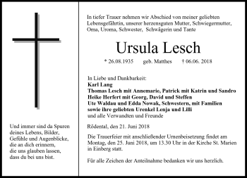 Traueranzeige von Ursula Lesch von Neue Presse Coburg