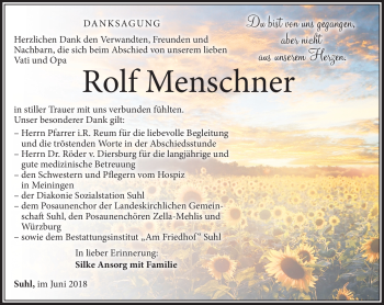 Traueranzeige von Rolf Menschner von Südthüringer Presse