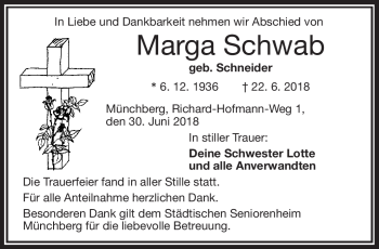 Traueranzeige von Marga Schwab von Frankenpost