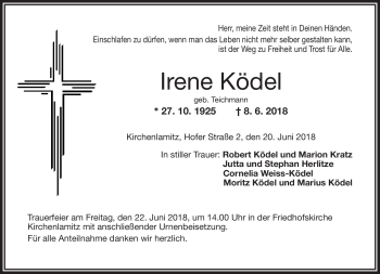 Traueranzeige von Irene Ködel von Frankenpost