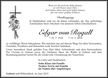 Traueranzeige von Edgar von Rogall von Südthüringer Presse