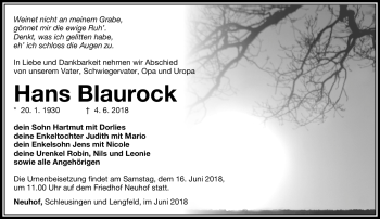 Traueranzeige von Hans Blaurock von Südthüringer Presse