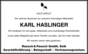 Traueranzeige von Karl Haslinger von Frankenpost