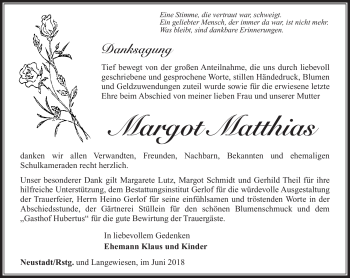 Traueranzeige von Margot Matthias von Südthüringer Presse