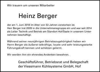 Traueranzeige von Heinz Berger von Frankenpost