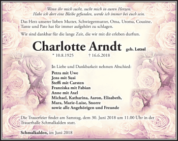 Traueranzeige von Charlotte Arndt von Südthüringer Presse